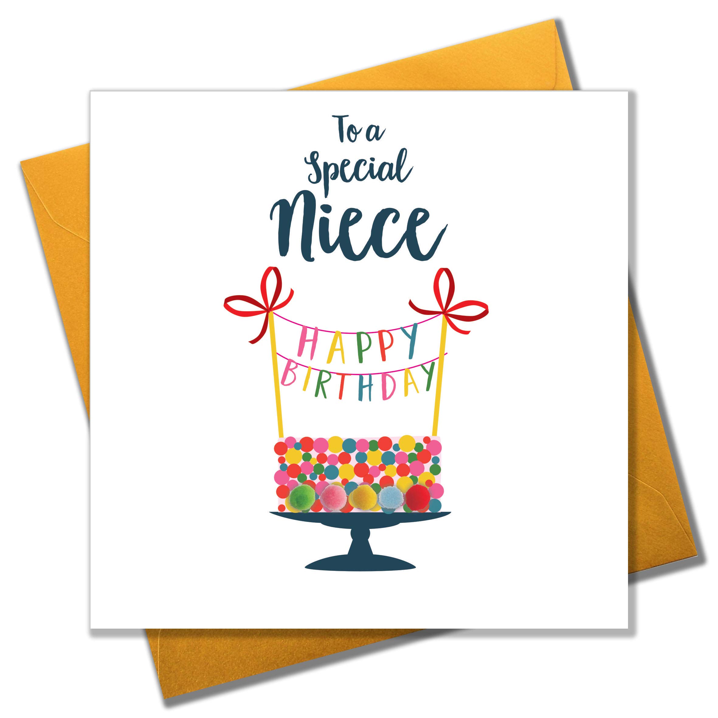 Claire Giles Greeting Cards, Happy Birthday Niece Card, Cake Design Birthday Greeting Card, Embellished with Colourful Pompoms
