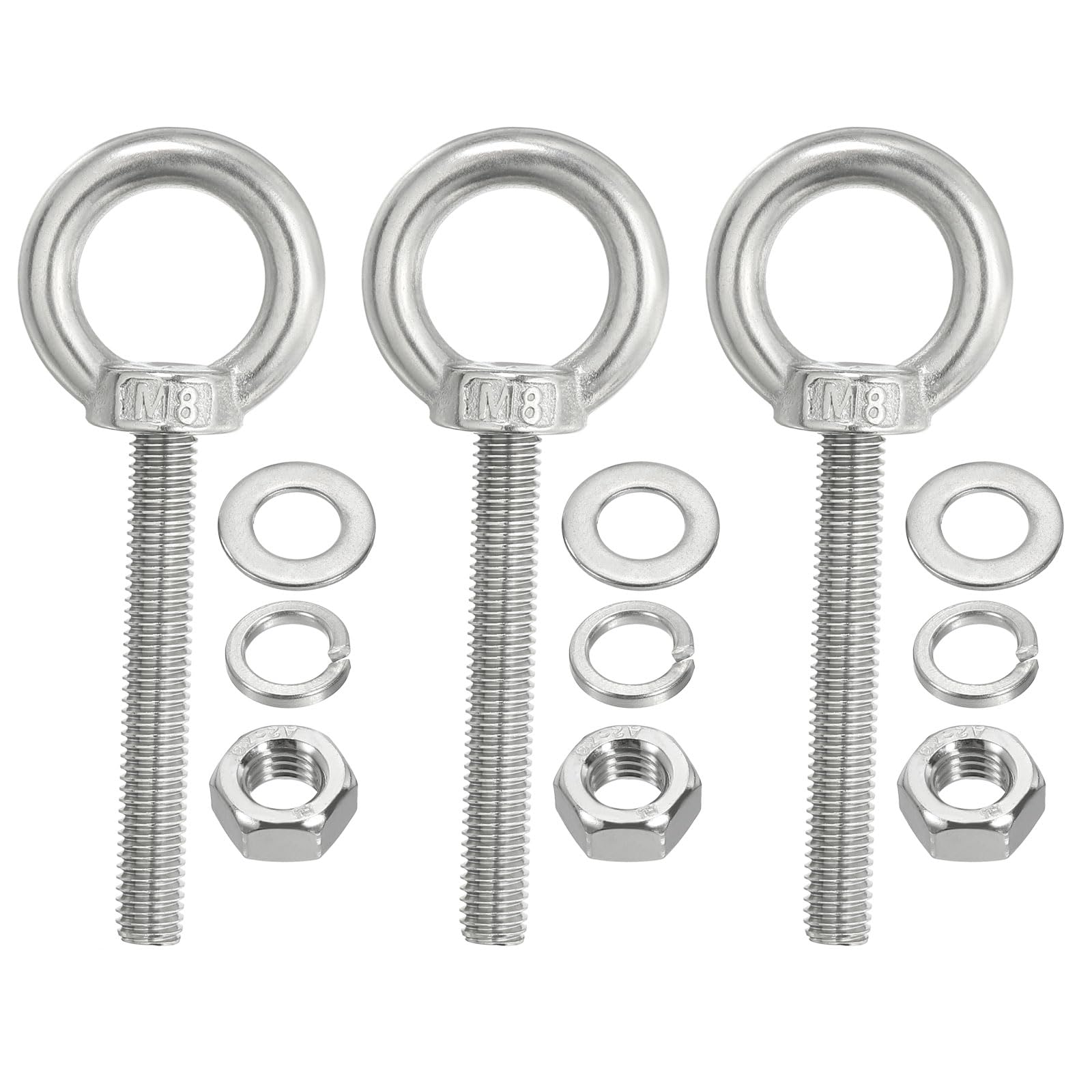 PATIKIL M8 x 70mm Lifting Shoulder Eye Bolt, 3Pcs 304 Stainless Steel Lifting Ring Threaded Eyebolt with Nuts Washers for Hanging Hammocks Articles