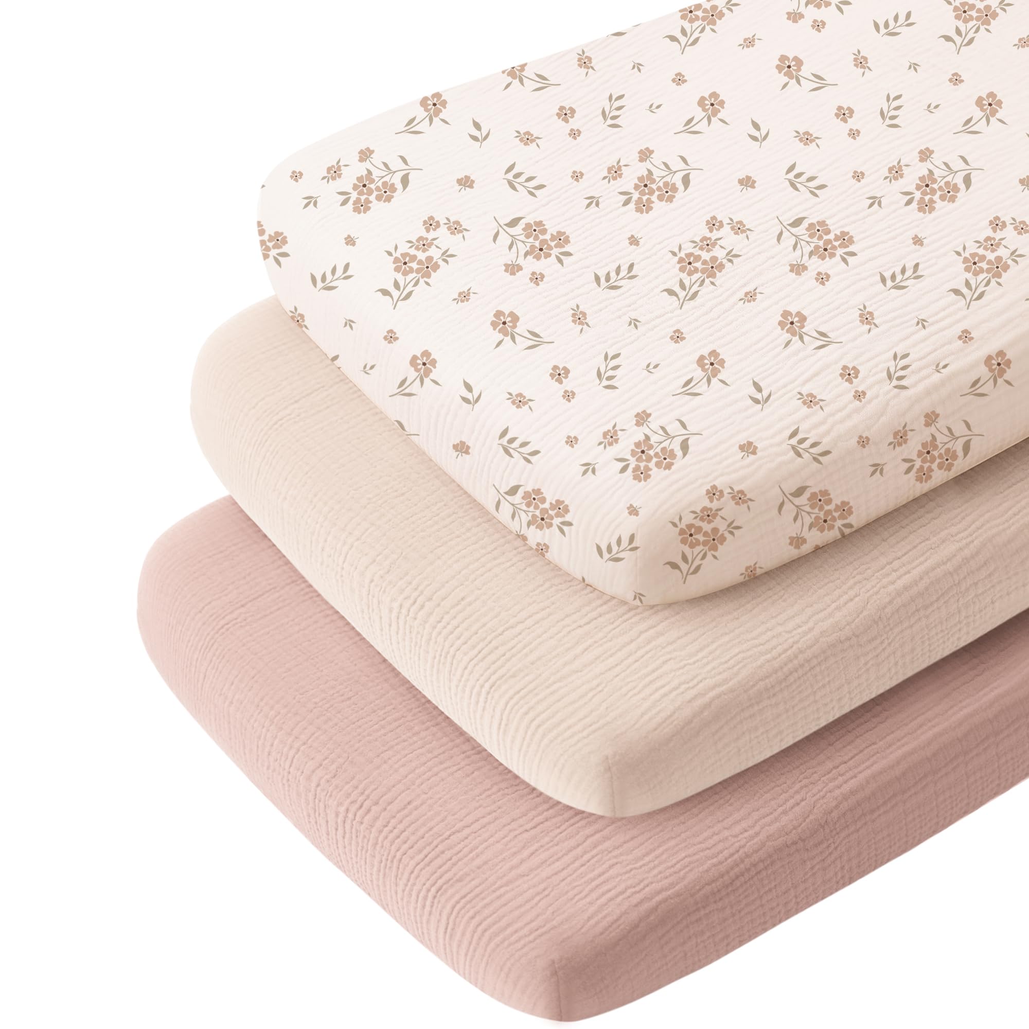 Konssy 3 Pack Muslin Bassinet Sheets for Baby Girls Boys, 33"x21" | 100% Cotton, Soft Bassinet Mattress Sheets, Fits Baby Del