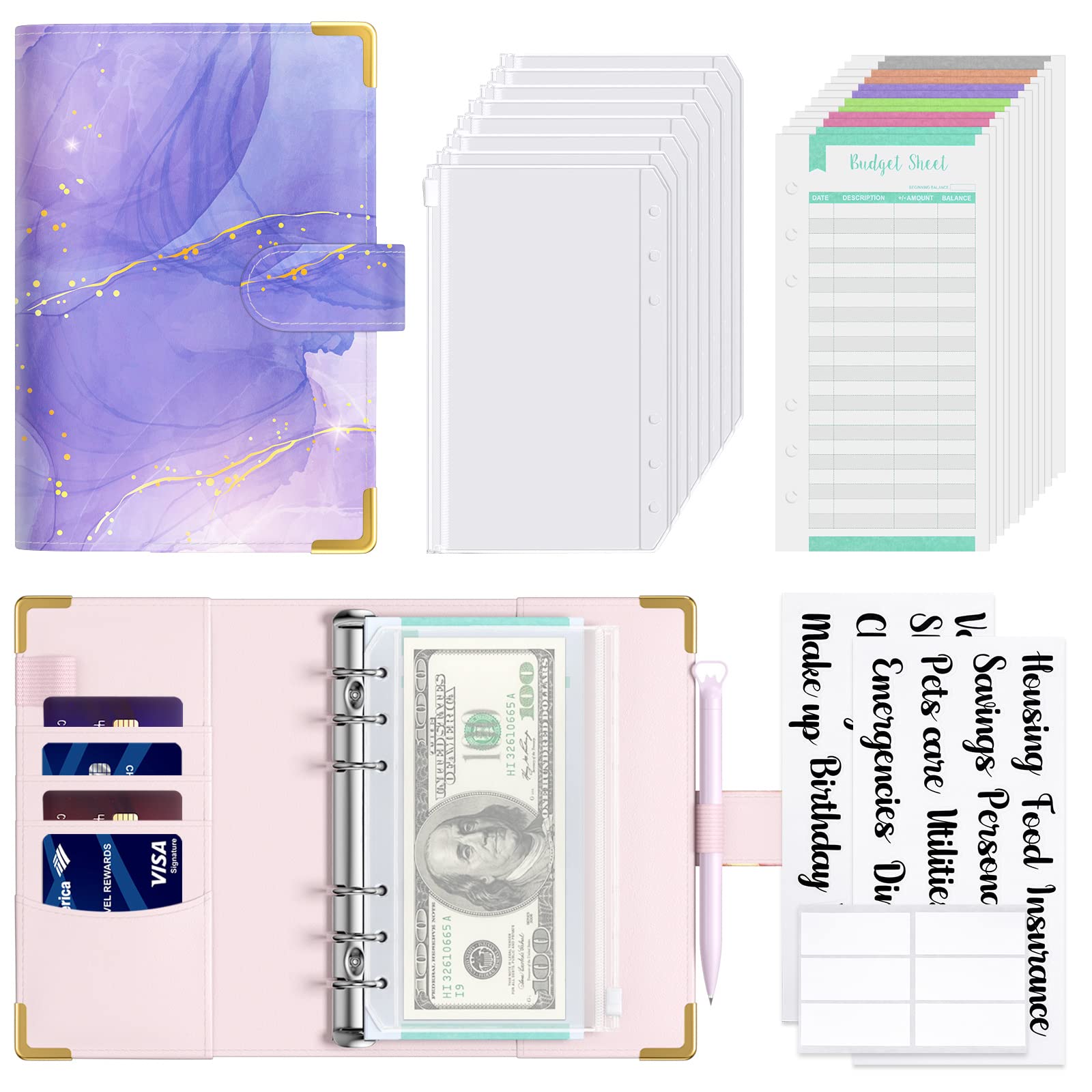 Hnogri Budget Binder with Zipper Envelopes, A6 Money Saving Binder Cash Envelopes for Budgeting, PU Leather Budget Planner Money Organizer for Cash Bills, Floral Budget Wallet for Women, Purple Marble