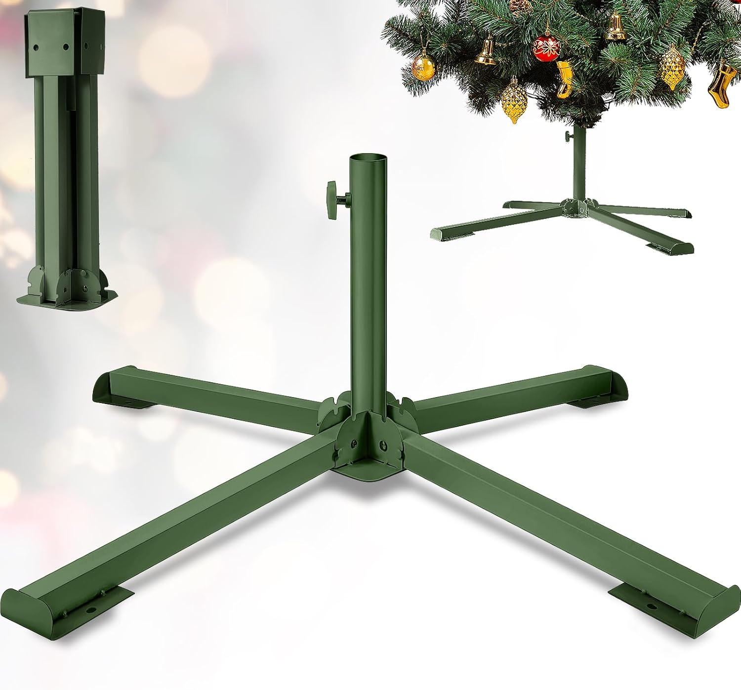 Tree Stands - Christmas Tree Stand 34 Inch Heavy Duty Artificial Christmas Tree Base for Fake Trees Beach Umbrella Base Bracket Adjustable Folding Stand for Outdoor Patio 1.4 Inch in Diameter (Green)
