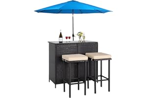 CROWNLAND 3-Piece Wicker Outdoor Furniture Bar Set, 2 Stools and 1 Glass Top Table, Large-Capacity Storage Space Brown Wicker Patio Bar Table with 9Ft Sky Blue Round Patio Umbrella