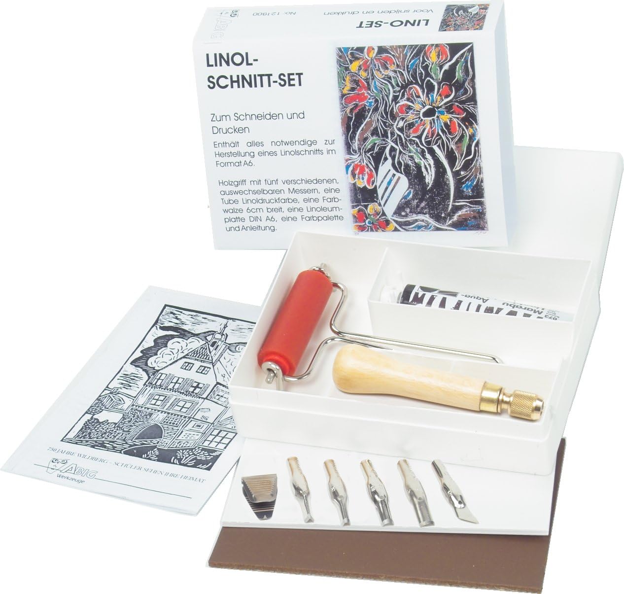 Lino Cutting and Handle Set: 5 Cutters, Hand Guard, Ink Roller, lino Block, Color