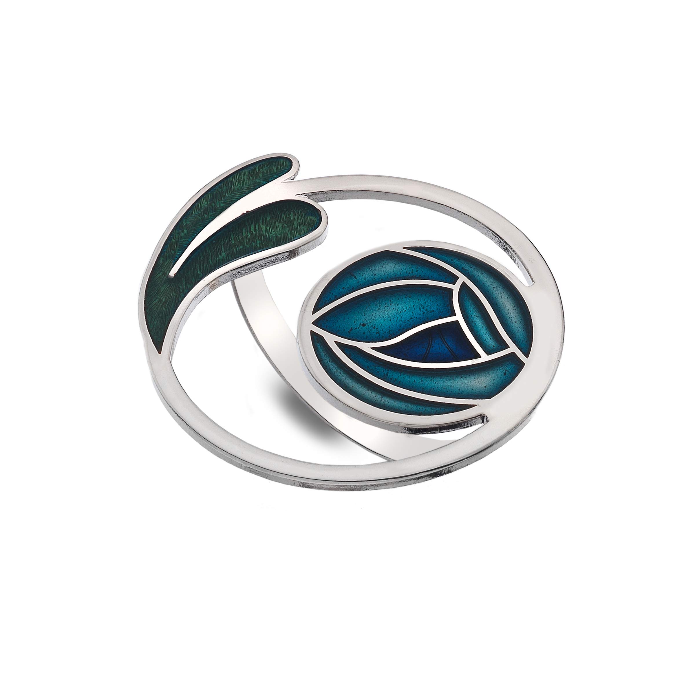Sea Gems Mackintosh Inspired Fine Enamel 42mm Traditional Rose, Leaf and Coils Scarf Ring - 7279 (Turquoise/Green)