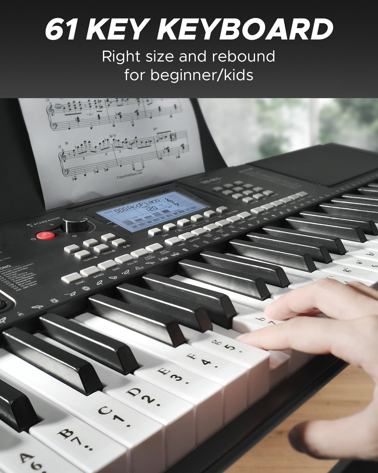 Starfavor 61 Key Electronic Keyboard Piano with LCD Display, Portable Electric Music Piano for Beginners Professions, include Z-style Stand, Bench, Microphone, Headphone, Keynote Stickers (SEK-561)