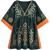 Joiemont Womens Oversized Embroidered Dress with V-Neck and 3/4 Sleeves Vintage Embroidery Babydoll Dress