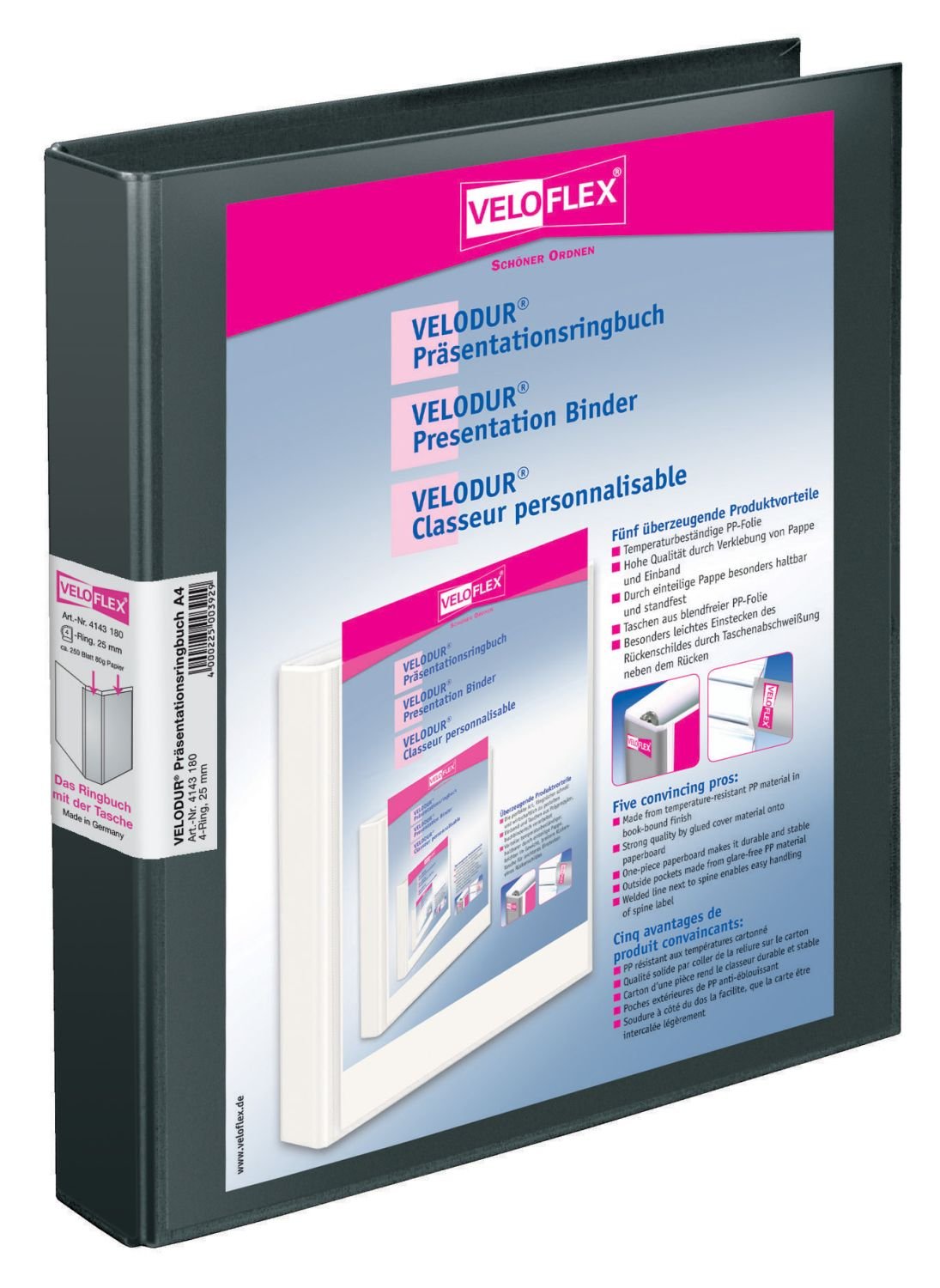 Veloflex VELODUR Presentation Binder – Ring Binders Black Polypropylene (PP) (Polypropylene (PP), Black, A4, 250 Sheets, 80 g/m², 2.5 cm)