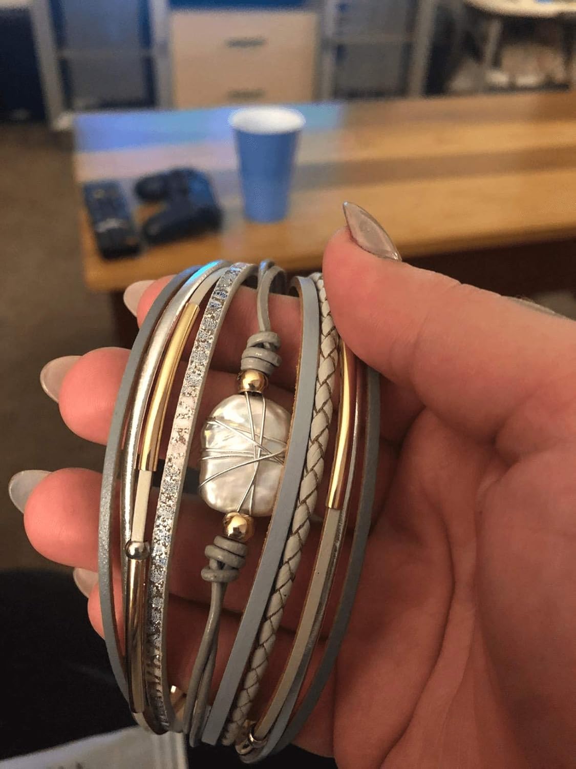GelConnie Baroque Pearl Leather Cuff Bracelet Multi Strand Wrap Bracelets Magnetic Bohemian Bracelet for Women, Wife, Sister LPB325-Grey: Jewelry
