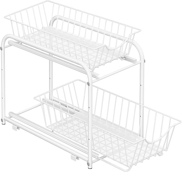 SONGMICS Küchen-Organizer, Küchenregal, Ordnungssystem, 2 Ebenen, stapelbar, erweiterbar, mit Metallkörben, für Küche, Badezimmer, mattweiß KCS017W01V1