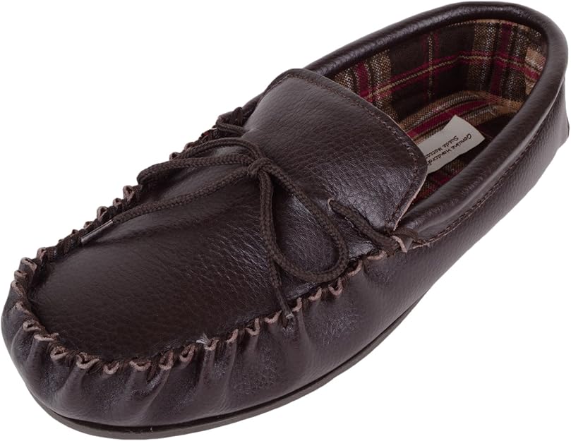 Mens Brown Leather Moccasin Slippers with Cotton Lining
