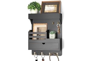 Rebee Vision Modern Key Holder Wall Mount with Drawer Organizer - Pine Wood Mail and Key Organizer with 6 Keys Hooks and Floa