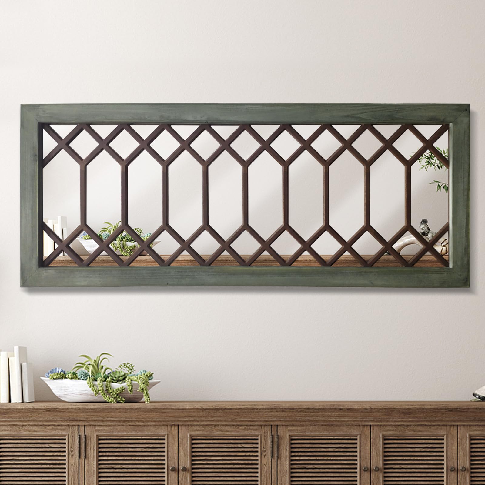 Photo 1 of TopCity Farmhouse Mirror Decorative Rustic Wall Mirror Large Vintage Wooden Framed Wall Decor for Bedroom, Living Room,Entryway,43.3X 17.7inch