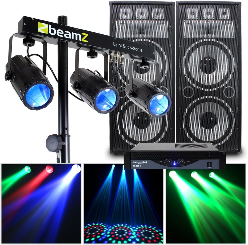 2x Vonyx 2 x 15" PA Speakers + Amplifier + LED Light + Stand 3000W