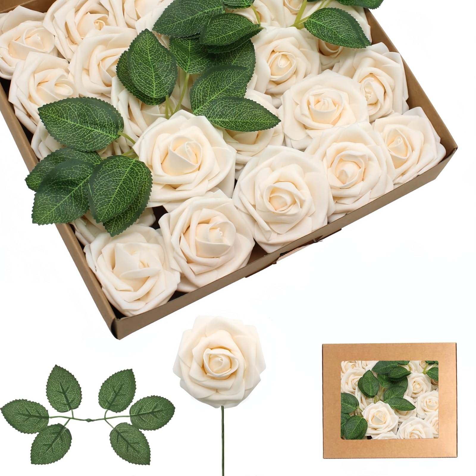 25Pcs Champagne Artificial Roses, Real Touch Foam Roses with Stems, 4 Leaves, Artificial Flowers for Wedding, Bridal Bouquets, Cake, Grave Stone, Table Centerpieces, Baby Shower, Funeral Decoration
