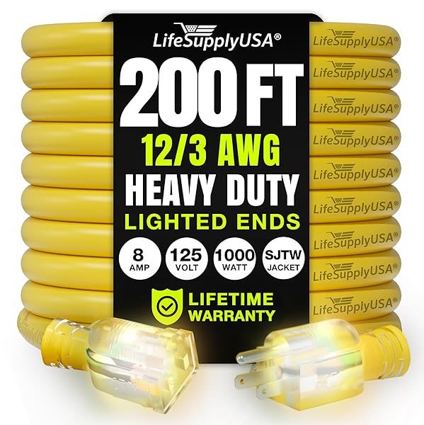 200FT OUTDOOR/INDOOR EXTENSION CORD 12/3 GAUGE EXTRA HEAVY...