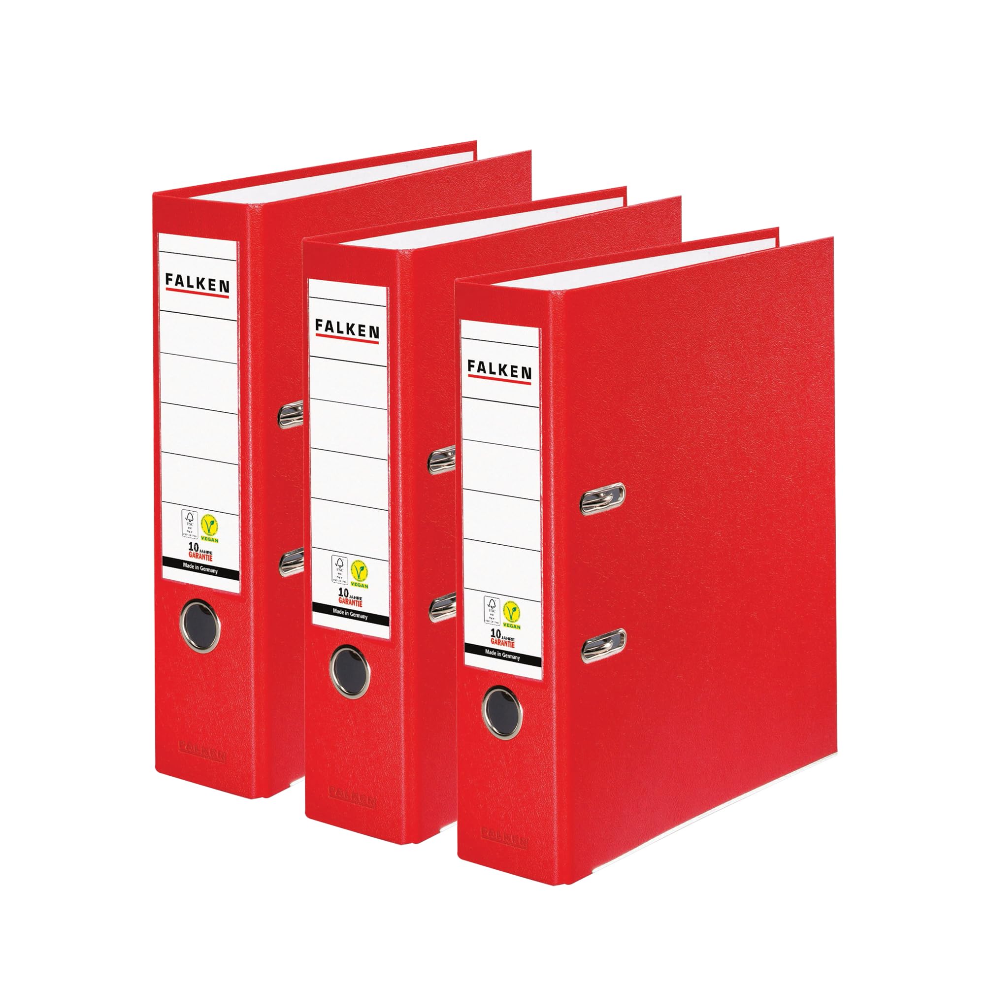 Original Falken Pack of 3 Polypropylene Colour Folders, Made in Germany, 8 cm Wide, DIN A4, Red, Vegan Plastic Folder, Ring Binder, Letter Folder, Office Folder, Plastic Folder, Slotted Folder