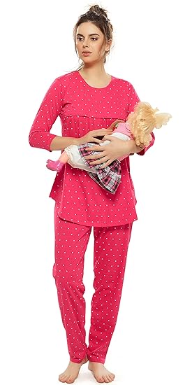 Women's Cotton Navy Blue & Pink Maternity Dress for Pregnancy Triangle Print Feeding Night Suit