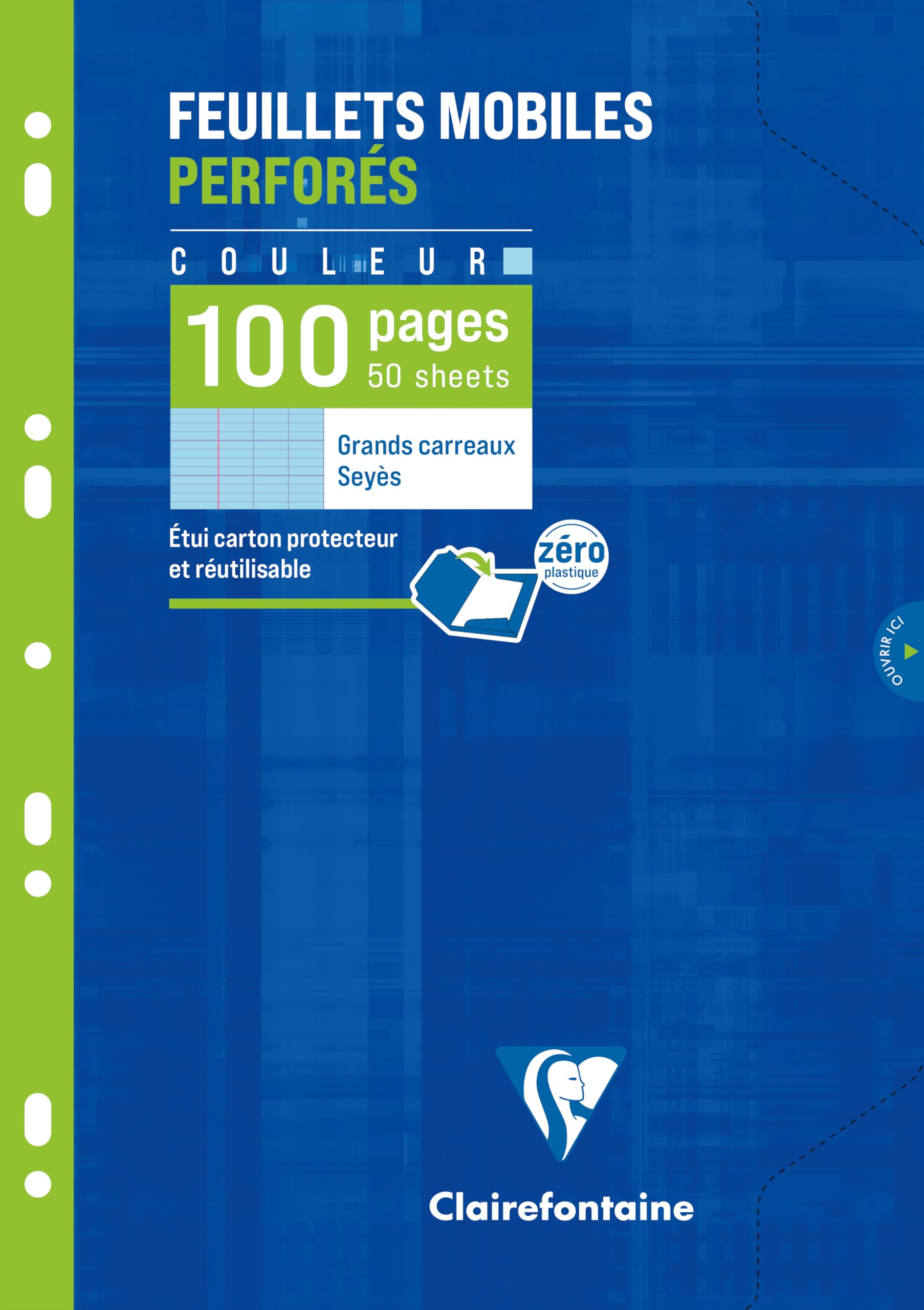 Clairefontaine 1741C - One Pack of Blue Perforated Single Sheets - 50 Sheets - A4 21x29.7 cm - 100 Seyes Ruled Pages - White Paper 90 g - Reusable Wallet
