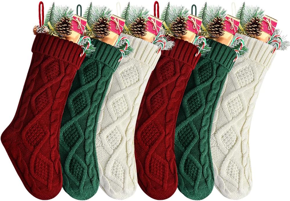 Stockings & Holders - Kunyida Christmas Stockings 20 Inch Burgundy, Ivory, Green Cable Knit Xmas Stockings for Family Christmas Decoration, 6 Pack