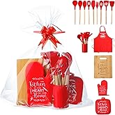 Widecook Christmas Kitchen Gifts Cooking Utensils Set with Holder Apron Pot Holders Oven Mitts Wooden Cutting Board Baking Gift Set Christmas Kitchen Cooking Tools for Baking Supplies Decoration