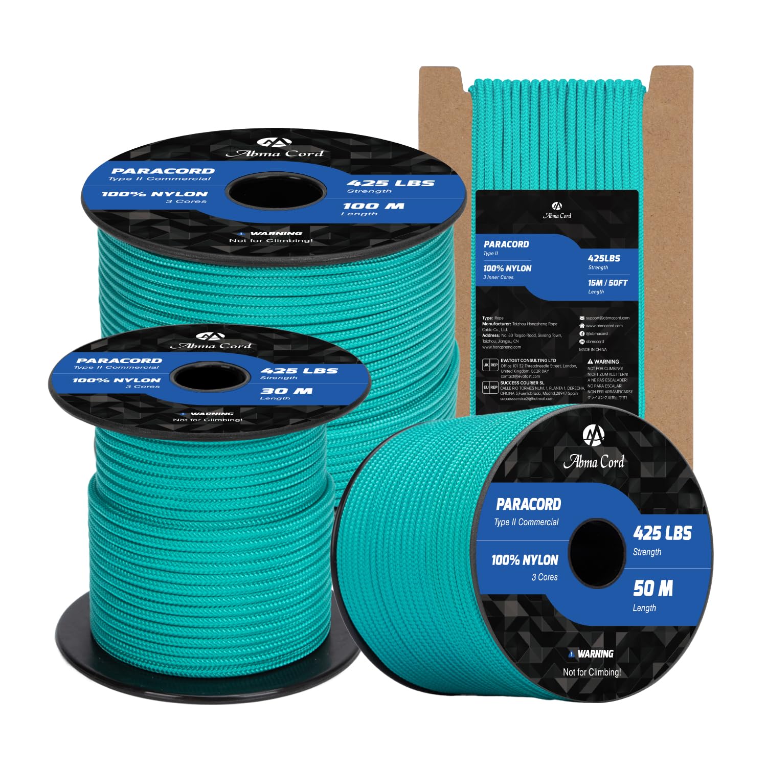Abma Cord Paracord 3mm 50m 100% Nylon Rope Type II 3 Strands Parachute Cord - Max. 192kg (425lbs) - Turquoise