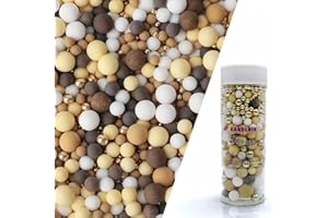 KANDLRIK Edible Brown & Yellow & White & Gold Sugar Pearls Sprinkles Candy Mix Size Pearls Cake Decorations Cupcake Toppers Decorating Perfect for Wedding Party Valentine Christmas Supplies 4.58OZ