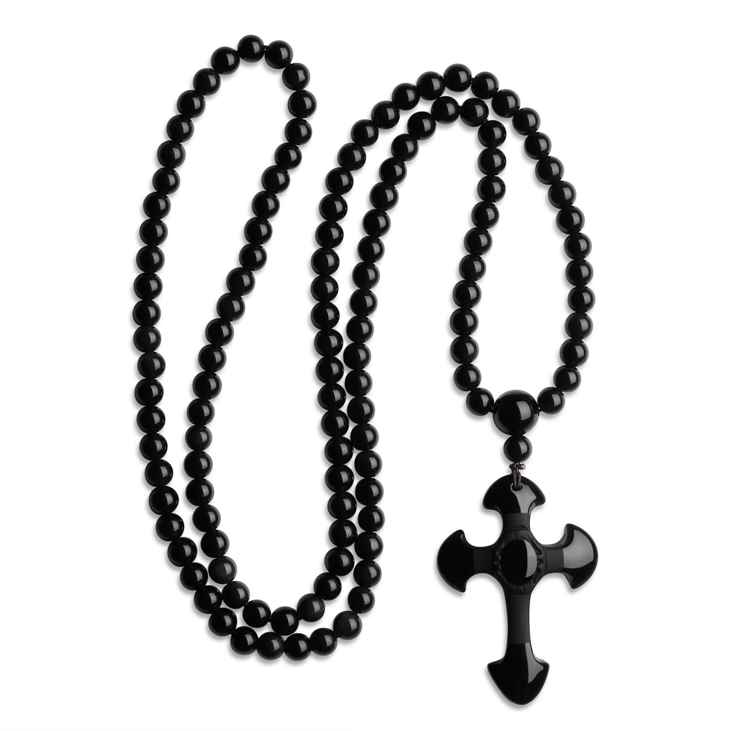 coai 108 Beads Black Obsidian Necklace Cross Necklace for Men Women 6mm