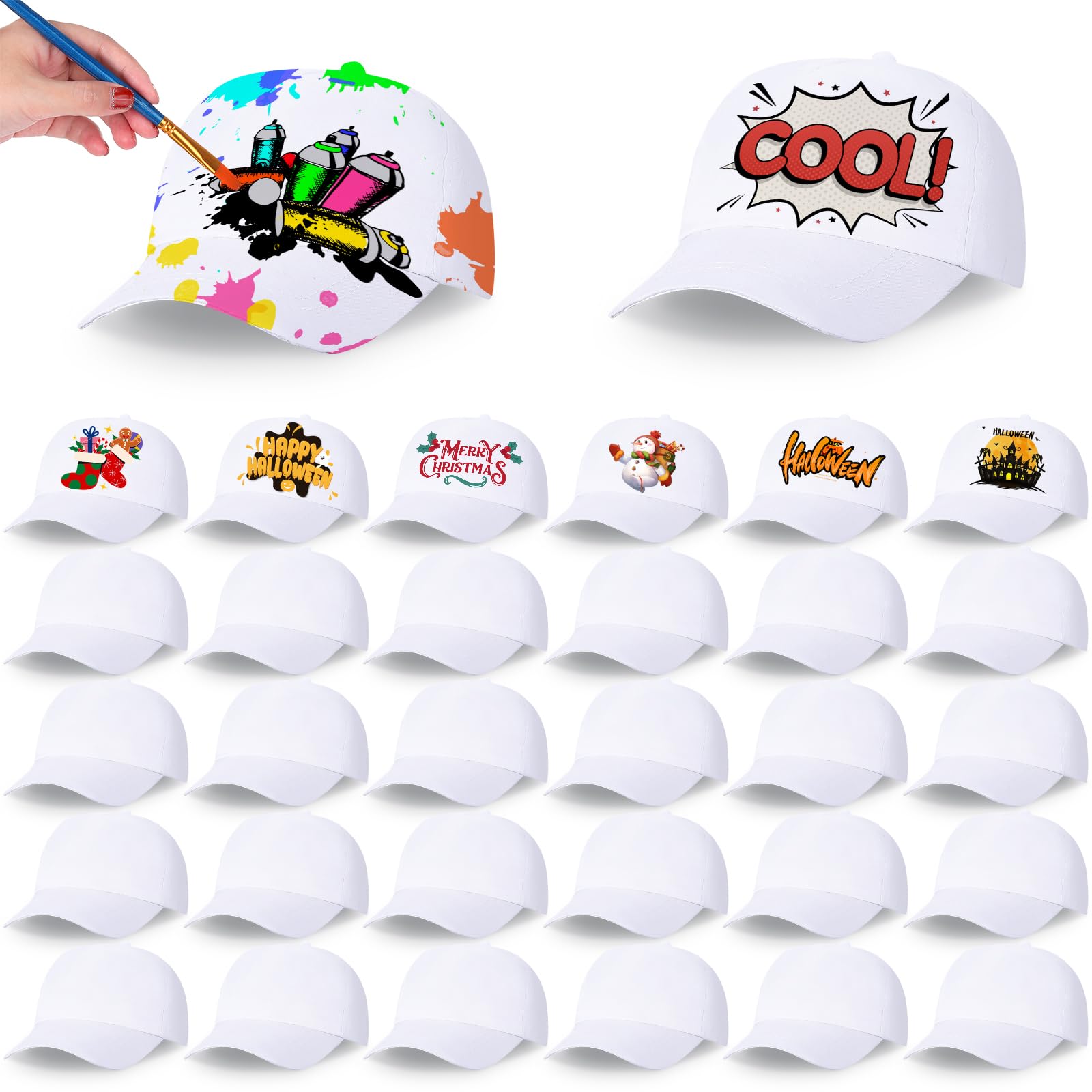 Photo 1 of JaGely 30 Pcs DIY Kids Baseball Caps Hats, White, Adjustable White Baseball Hat for Boys Girls Camp, Birthday, Painting, Activity
