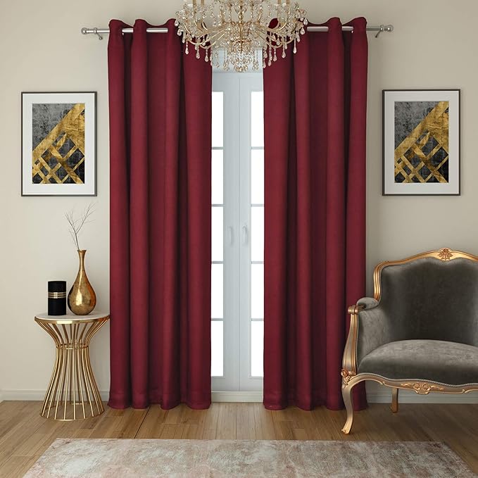Buy Swayam Maroon Colour Solid Faux Silk Plain Blackout Eyelet Curtain