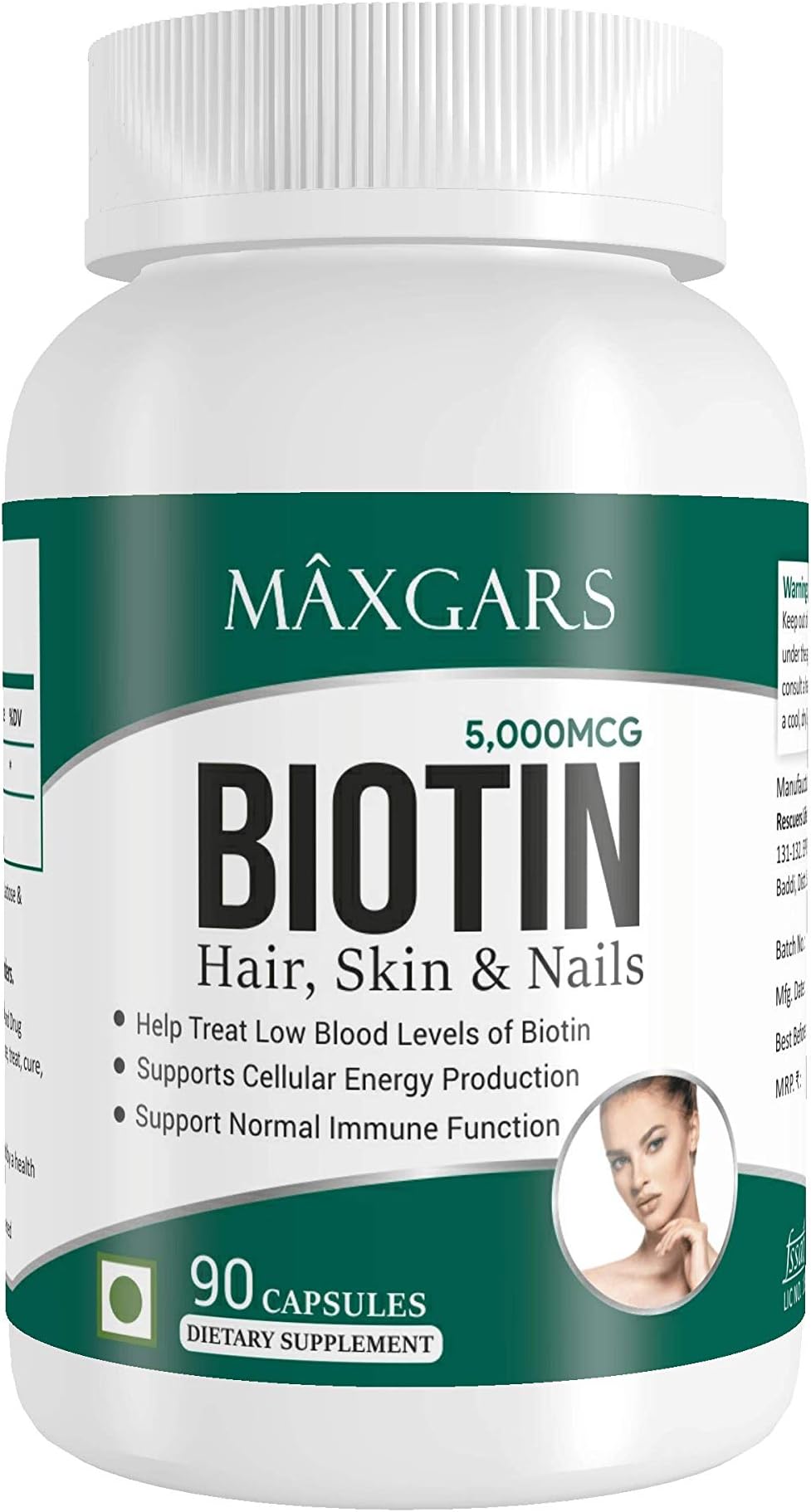 Maxgars Biotin 5000mcg Supports Healthy Hair, Radiant Skin, Strong Nails & Good Metabolism, 90 Capsules