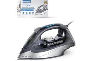 IRONDAY 1700W Steam Iron for Clothes 20s Fast Heat-up, Iron with 10.14oz Water Tank, Non-Stick Ceramic Soleplate, Auto-Off, Spray Mist & Steam Burst, Ironing Clothes for Home, Grey