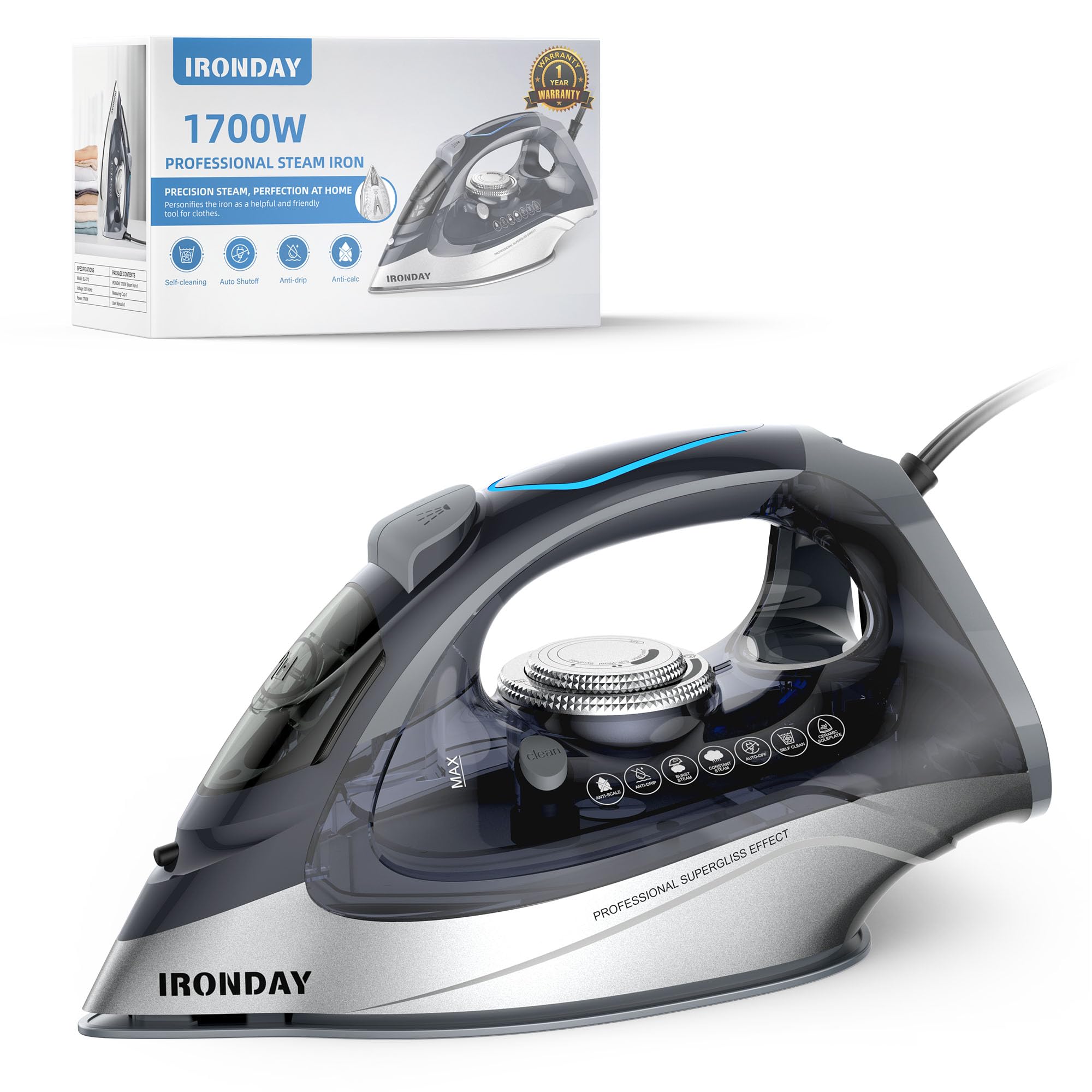 Photo 1 of IRONDAY 1700W Steam Iron for Clothes, Burst of Steam, Auto shutoff, Self-Cleaning, Ceramic Soleplate, 10.14oz Water Tank Ironing Clothes for All Home, Grey