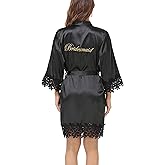 Crystal Dew Women's Lace Trim Bride Kimono Robes with Embroidery Bridal Silky Satin Bathrobe Wedding Party Sleepwear