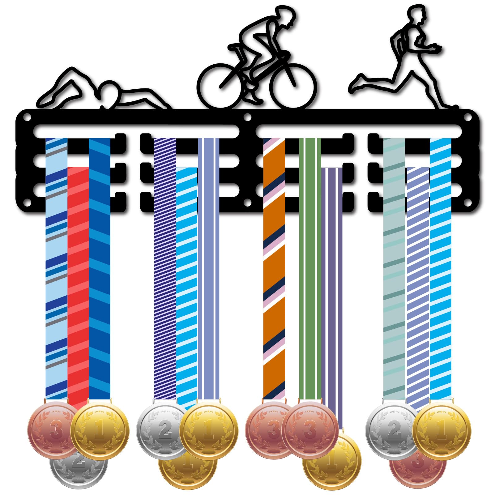 CREATCABIN Triathlon Medal Holder Display Hanger 30+ Medals Rack Medal Holder Metal Black Shelf Hanger Organizer Medal Stand Small Frame Wall Mounted Hanging for Running Swimming Cycling 11.4 x 5Inch