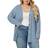 VISLILY Plus-Size-Sweaters for Women Trendy Long Sleeve Lightweight Cardigan Outerwear Loose Button Tunic Open Front Tops