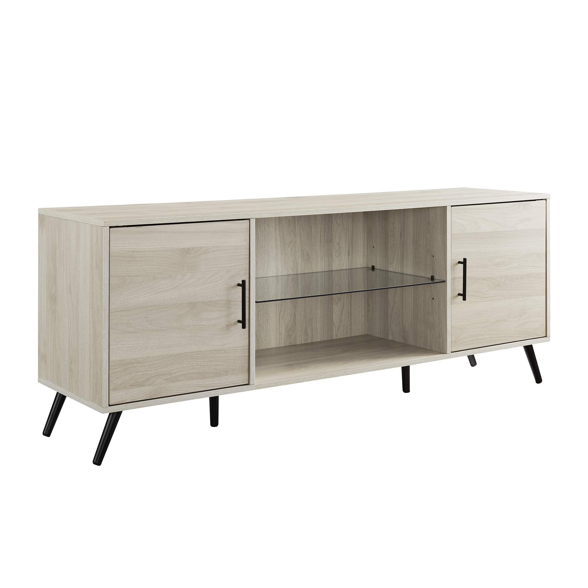 Photo 1 of Walker Edison Saxon Mid Century Modern Glass Shelf TV Stand for TVs up to 65 Inches, 60 Inch, Birch