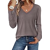 ATHMILE Womens 2026 Fall Long Sleeve Shirts Basic Apparel Shirts Trendy V Neck Tshirt for Women Curved Hem Tops