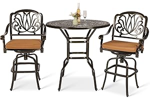 VIVIJASON 3-Piece Patio Swivel Bar Stools Set, All Weather Cast Aluminum Outdoor Bar Height Bistro Set with 2 Cushioned Bar Chairs & 38.5" High Bar Table w/Umbrella Hole for Backyard, Lawn, Garden