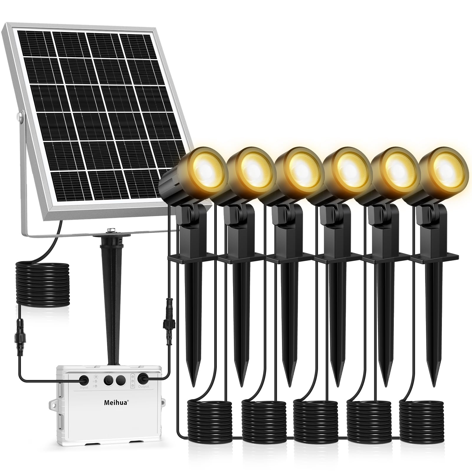 MEIHUA 6 in 1 Solar Spot Lights Outdoor Garden, Solar Spike Light 2700K Warm White, Garden Floodlight IP66 Waterproof, Landscape Spotlights for Yard Lawn Tree Statue