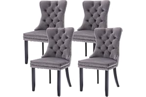 Virabit Tufted Dining Chairs Set of 4, Velvet Upholstered Dining Chairs with Nailhead Back and Ring Pull Trim, Solid Wood Dining Chairs for Kitchen/Bedroom/Dining Room (Grey)