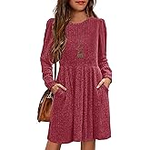HOSIKA Girls Knit Dress Fall Long Sleeve Crew Neck Plain A-line Casual Dresses with Pockets for 6-12 Y