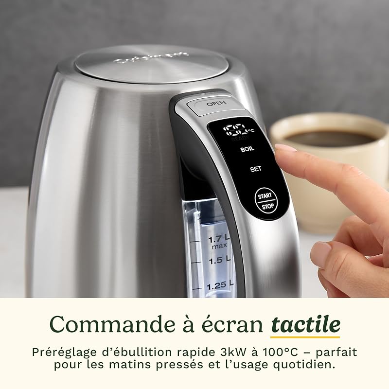 Bouilloire Électrique SmartElite 1,7L Inox – Écran tactile, Température réglable 50–100°C, Ébullition rapide 3 kW, Filtre anticalcaire lavable, Bec précis