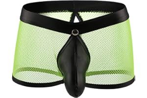 ohyeahlady Sexy Mens Underwear With Pu Leather Button Removable Pouch Mens Lingerie Mesh Boxer Briefs Trunks Underpants