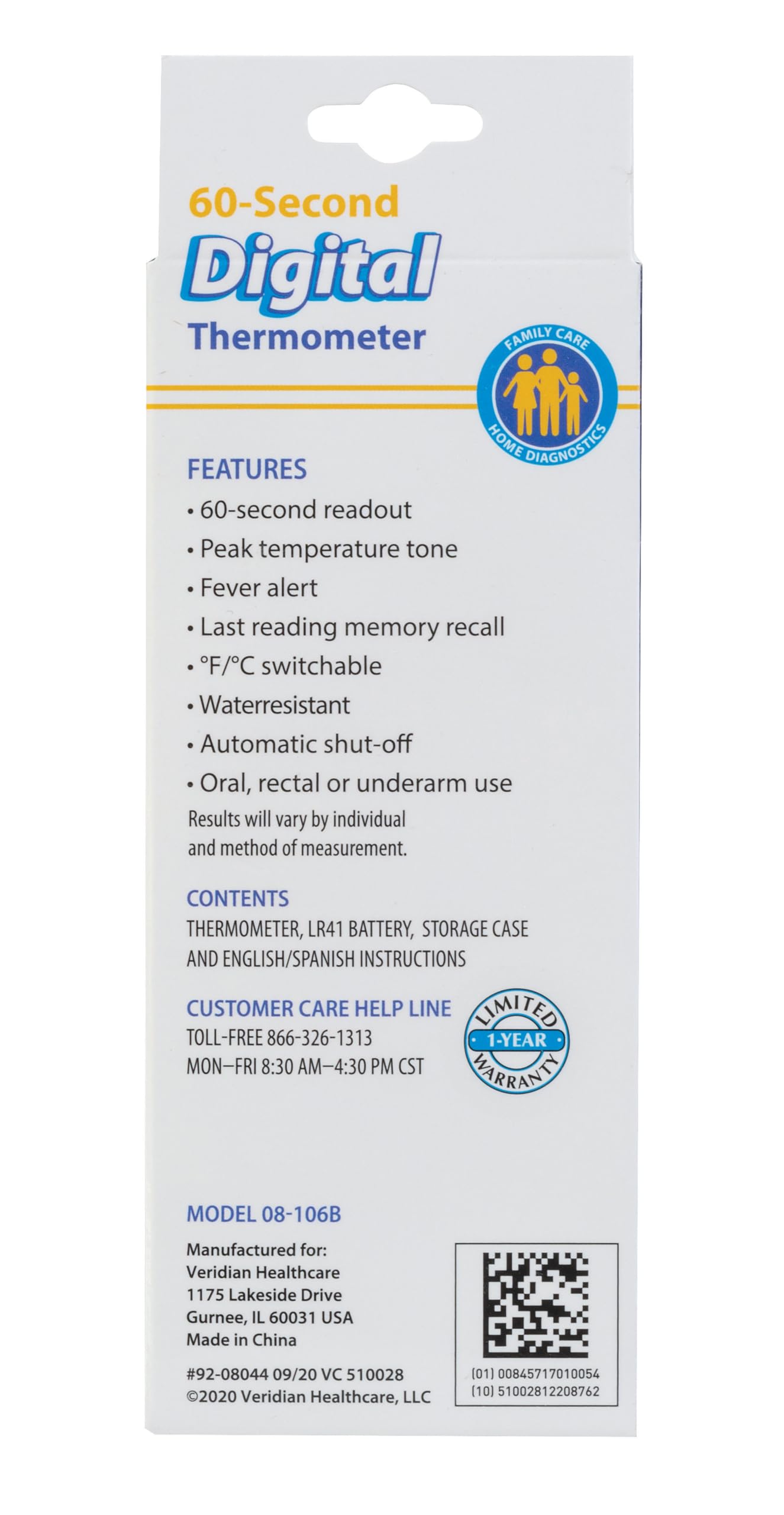 Veridian Digital Thermometer | 60-Second Readout | Fever Alert + Memory Recall| Clinical Rigid Tip | Hygienic Water-Resistant Easy Cleaning | Storage Case + Probe Covers Included