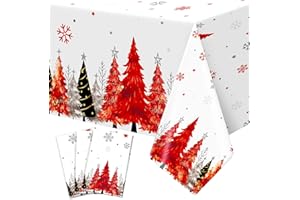 Tingjoo 3 Pack Plastic Christmas Tablecloth 54 x 108 Inch Waterproof Christmas Tree Disposable Plastic Table Cover Rectangle Party Tablecloths for Winter Xmas Holiday Party Supplies(White)