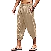 COOFANDY Men's Linen Harem Capri Pants Lightweight Loose 3/4 Shorts Drawstring Elastic Waist Casual Beach Boho Yoga Trousers