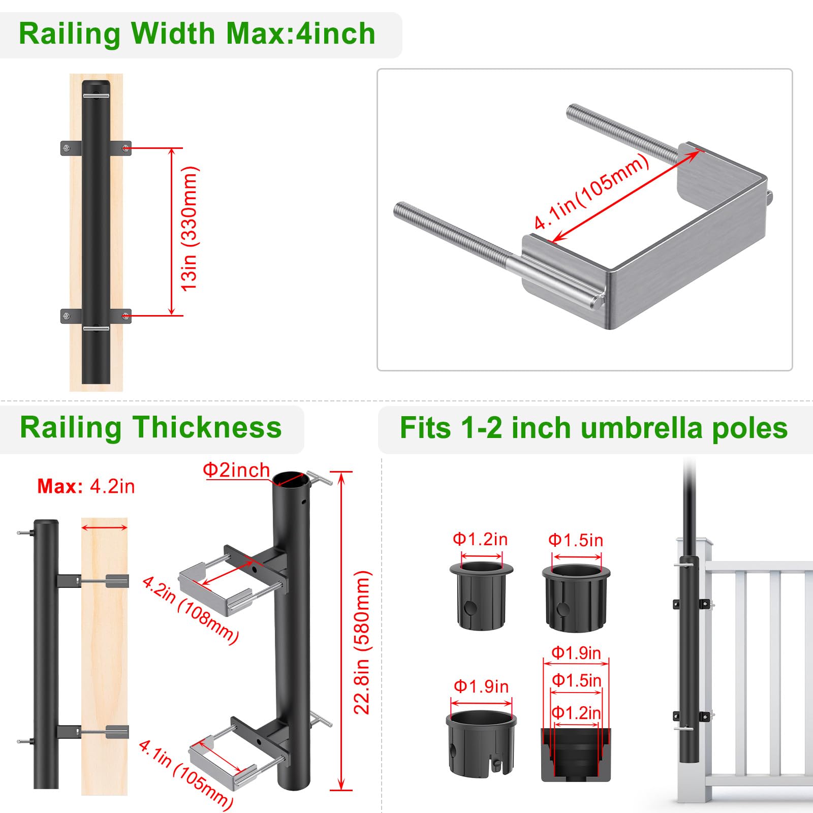 Dolibest Sonnenschirmhalter Balkongeländer, Terrassenschirm Rohrklemme Verstellbar Ampelschirm Klammer Platzsparend Ständer Halterung 3 Reduzierhülse für 3-5cm Stange, 10.6x10.4cm Deckgeländer/Schwarz 2