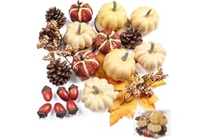 GHRDOPY 23Pcs Fake Pumpkins Fall Thanksgiving Decorations,Plastic Pumpkins with Acorns,Maple Leaves,Pine cones,Berries, Artificial Mini Pumpkin Decorating Harvest Home Decor Centerpiece Table Decorations