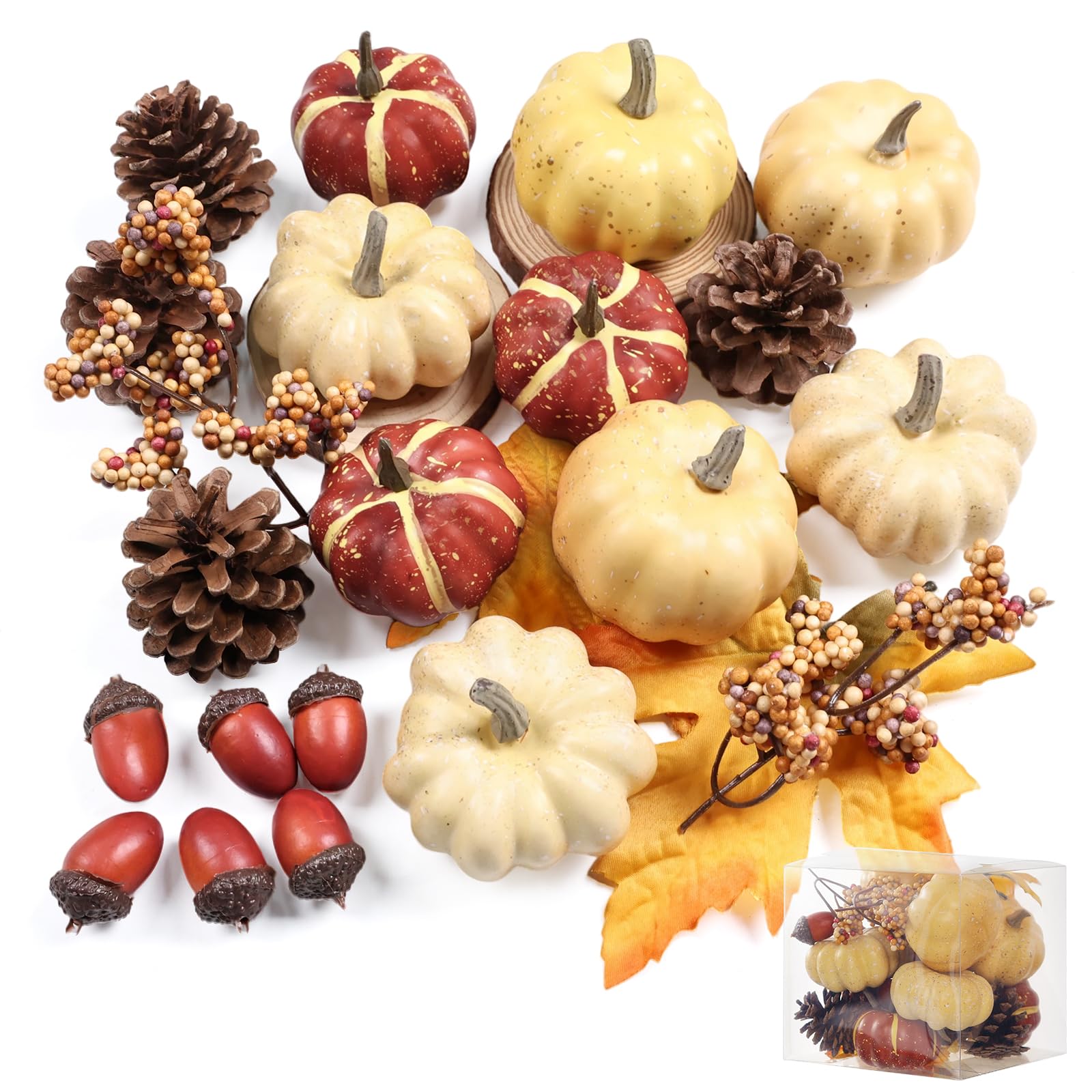 Photo 1 of 23Pcs Fake Pumpkins Fall Thanksgiving Decorations,Plastic Pumpkins with Acorns,Maple Leaves,Pine cones,Berries, Artificial Mini Pumpkin Decorating Harvest Home Decor Centerpiece Table Decorations