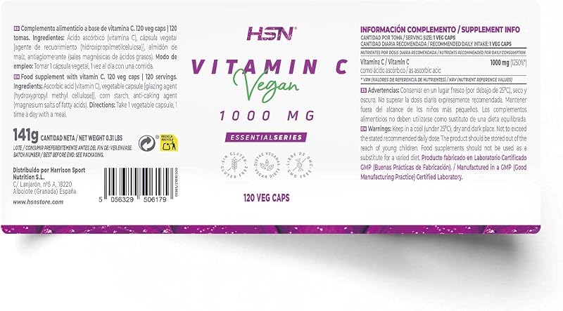 Vitamina C 1000 mg por HSN | 120 cápsulas vegetarianas 1 grama por porção de vitamina C pura como ácido ascórbico | Fornecimento de 4 meses | Não-OGM, Vegan, Sem Glúten